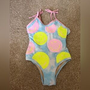 Girls' Blue Sequin Smile One-Piece Swimsuit - Pink & Neon Yellow
